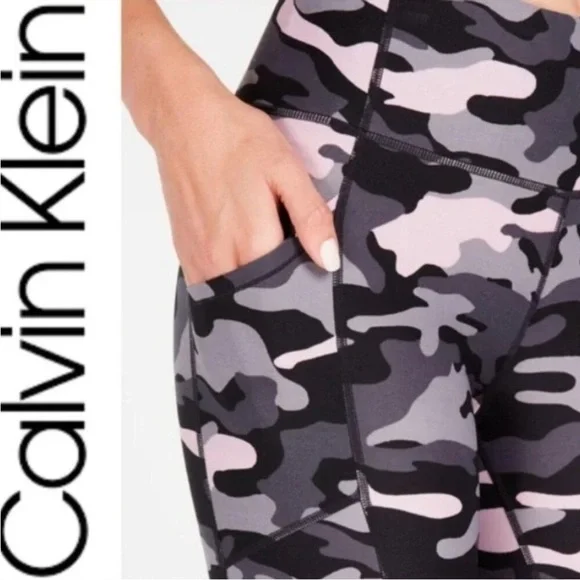CALVIN KLEIN Pink Gray & Black Camo Print Stretch Biker Shorts Yoga Gym Size S - Picture 2 of 9